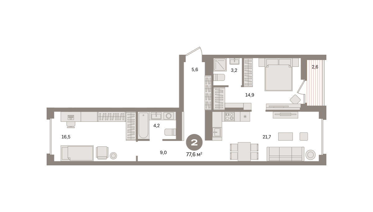 2 комн. Квартира 77.6 кв. м