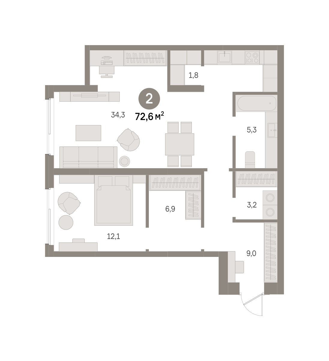2 комн. Квартира 72.6 кв. м