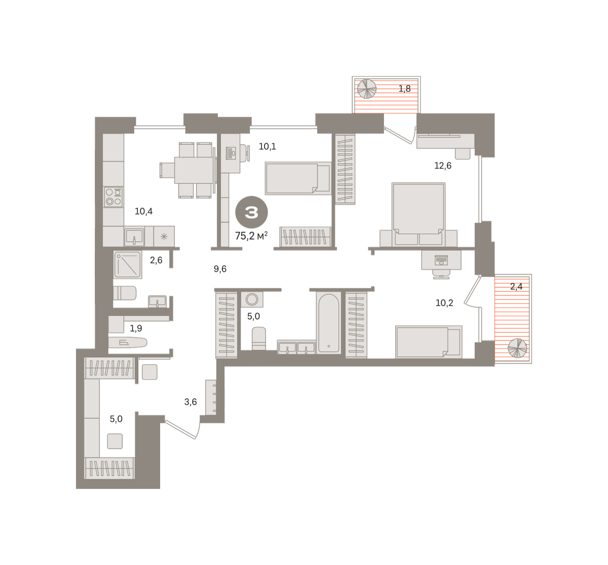 3 комн. Квартира 75.2 кв. м