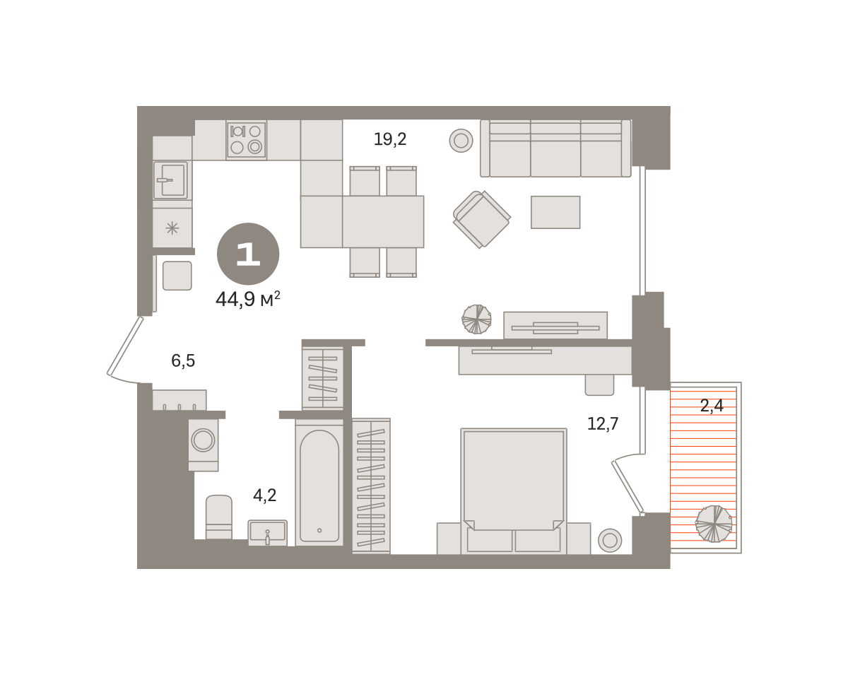 1 комн. Квартира 44.9 кв. м