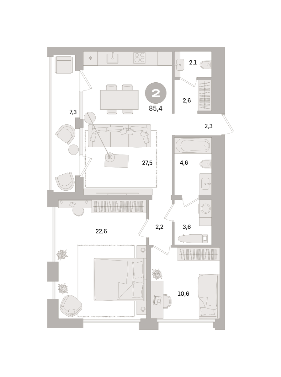 2 комн. Квартира 85.4 кв. м