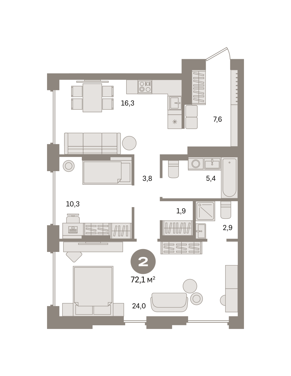 2 комн. Квартира 72.1 кв. м