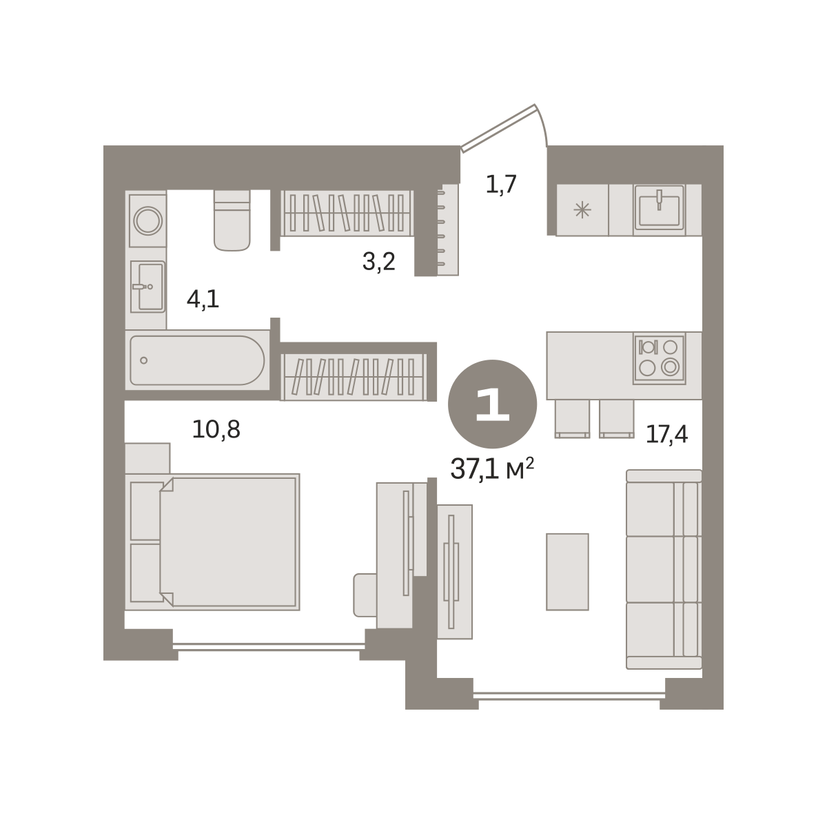 1 комн. Квартира 37.1 кв. м