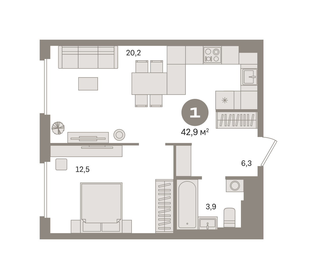1 комн. Квартира 42.9 кв. м