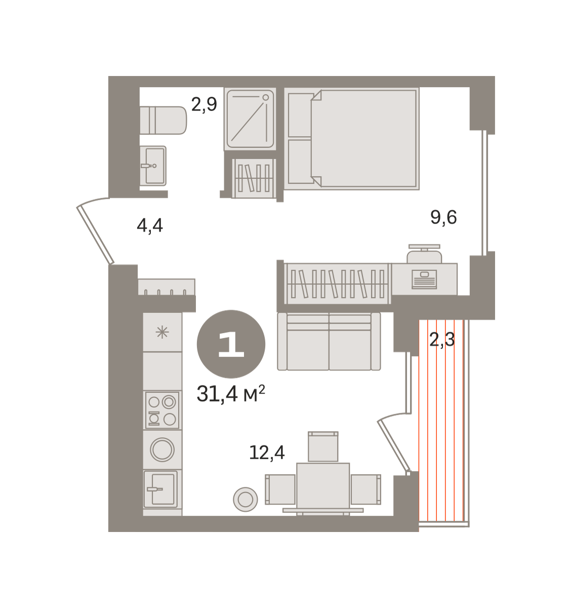 1 комн. Квартира 31.4 кв. м