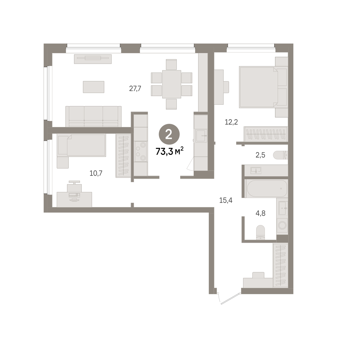 2 комн. Квартира 73.3 кв. м