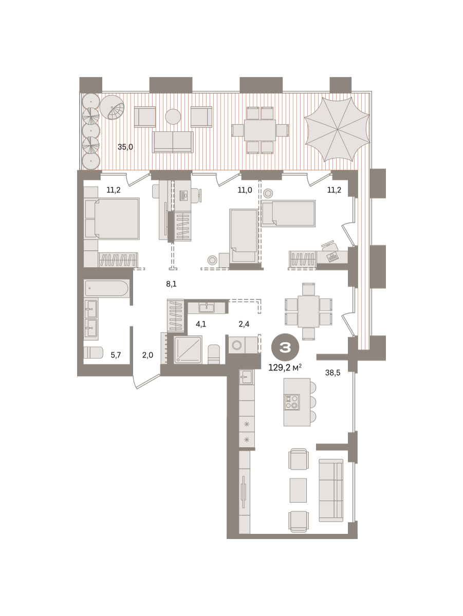 3 комн. Квартира 129.2 кв. м
