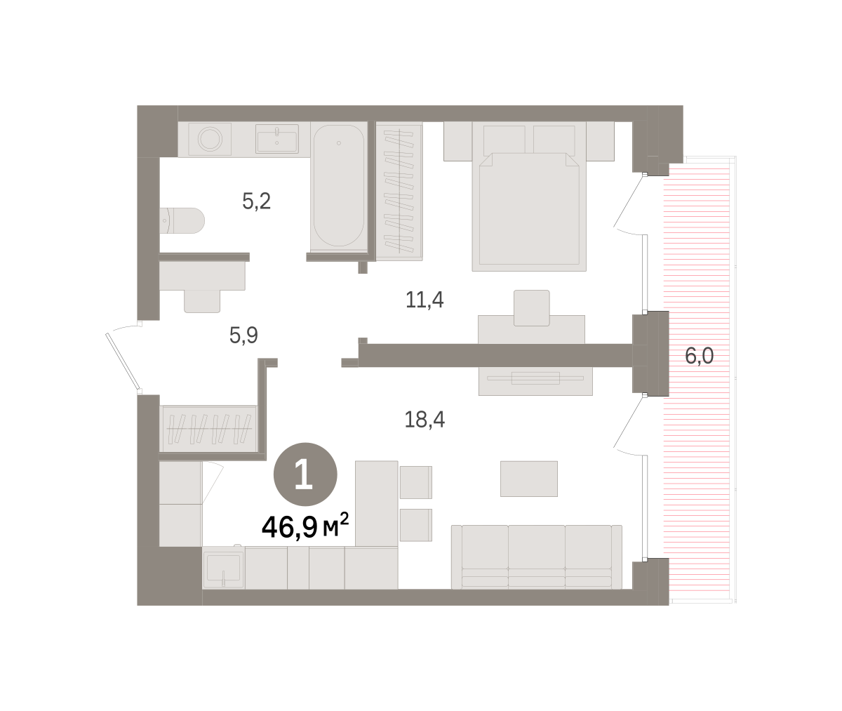1 комн. Квартира 46.9 кв. м