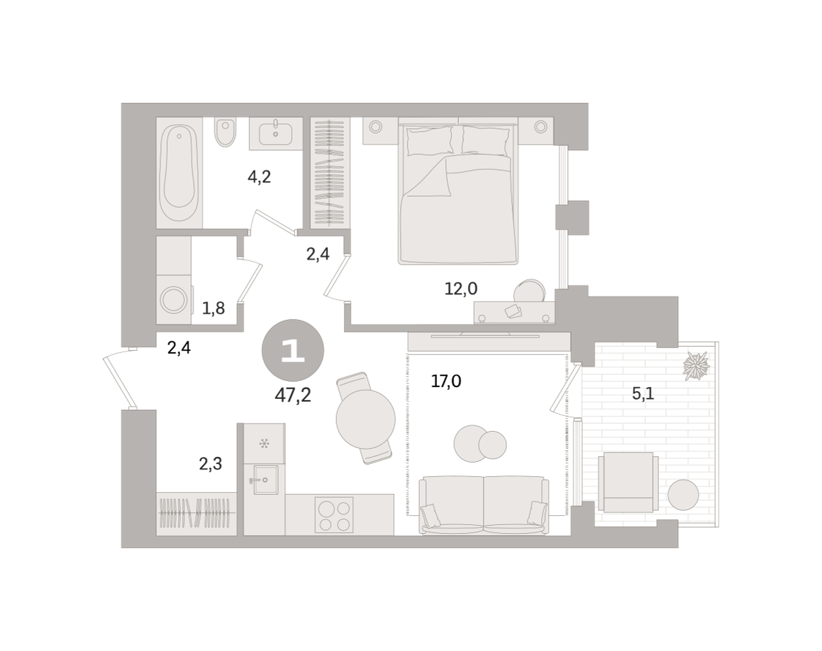 1 комн. Квартира 47.2 кв. м