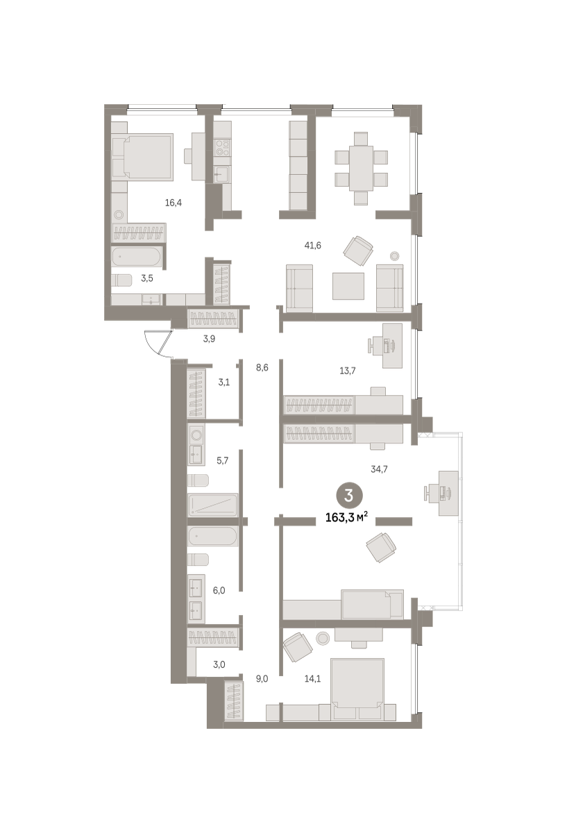 3 комн. Квартира 163.3 кв. м