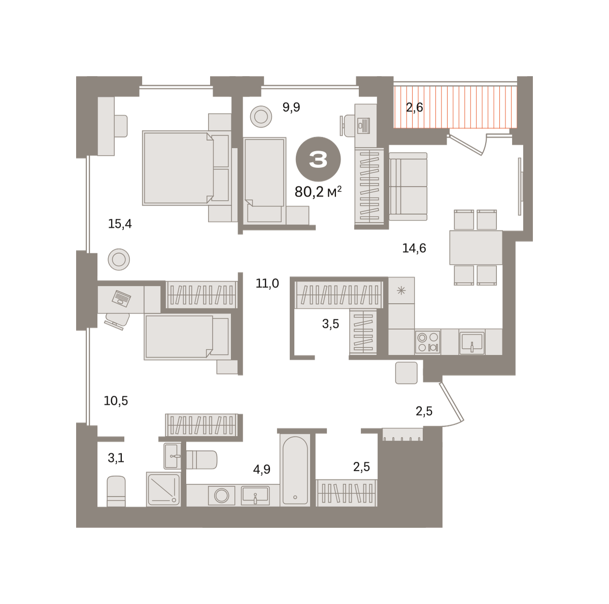 3 комн. Квартира 80.2 кв. м