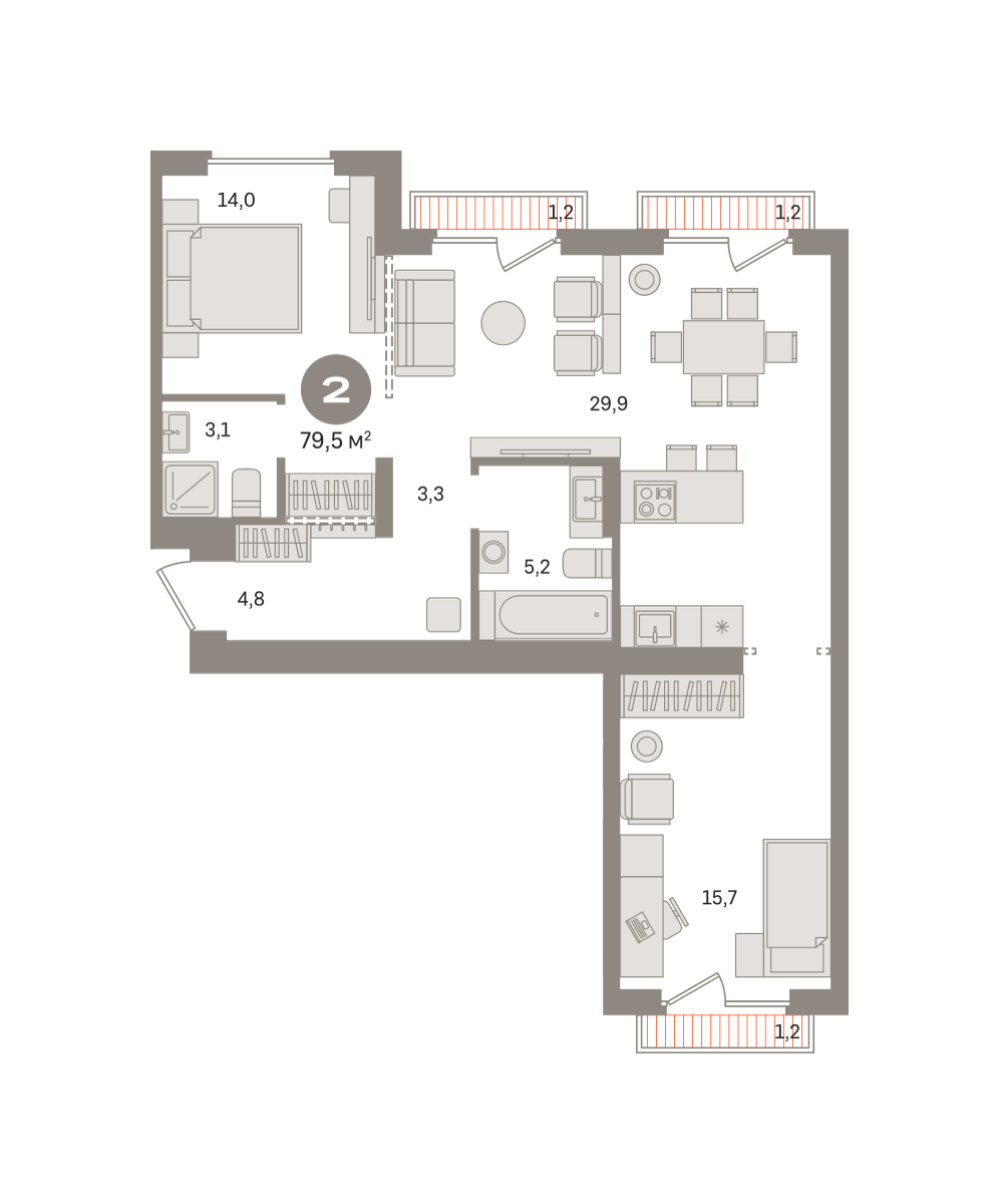 2 комн. Квартира 82.8 кв. м