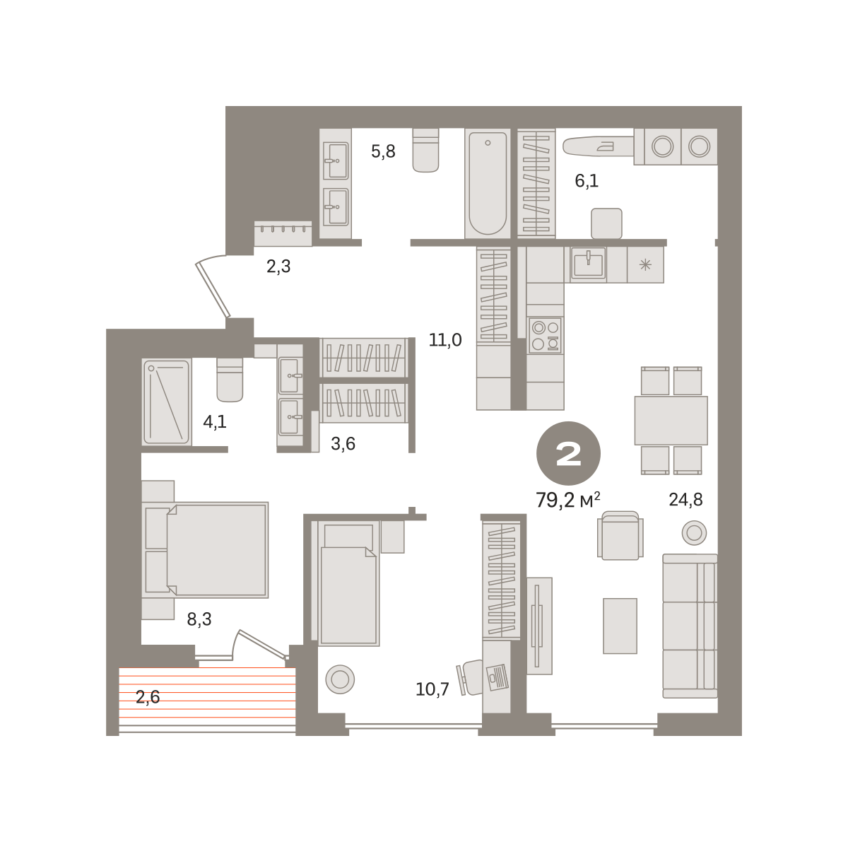 2 комн. Квартира 79.2 кв. м