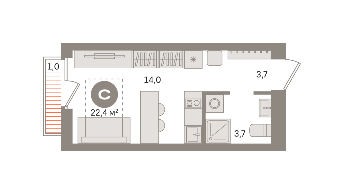Квартира 22.4 кв. м