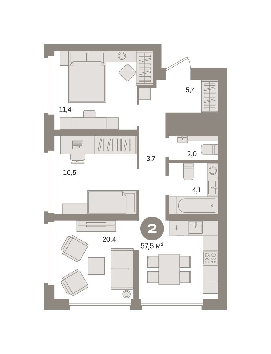 2 комн. Квартира 58.1 кв. м