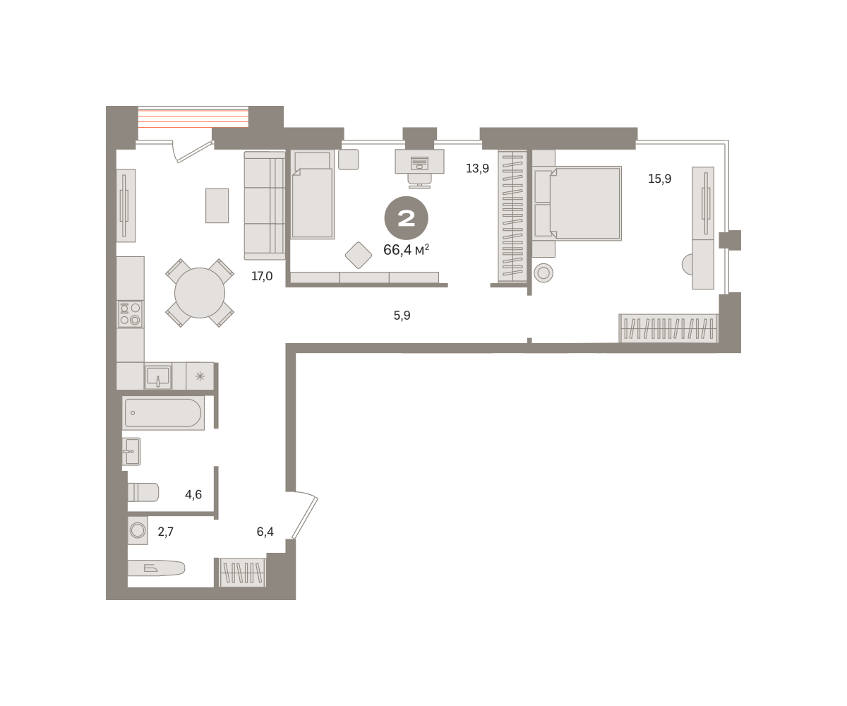 2 комн. Квартира 66.4 кв. м