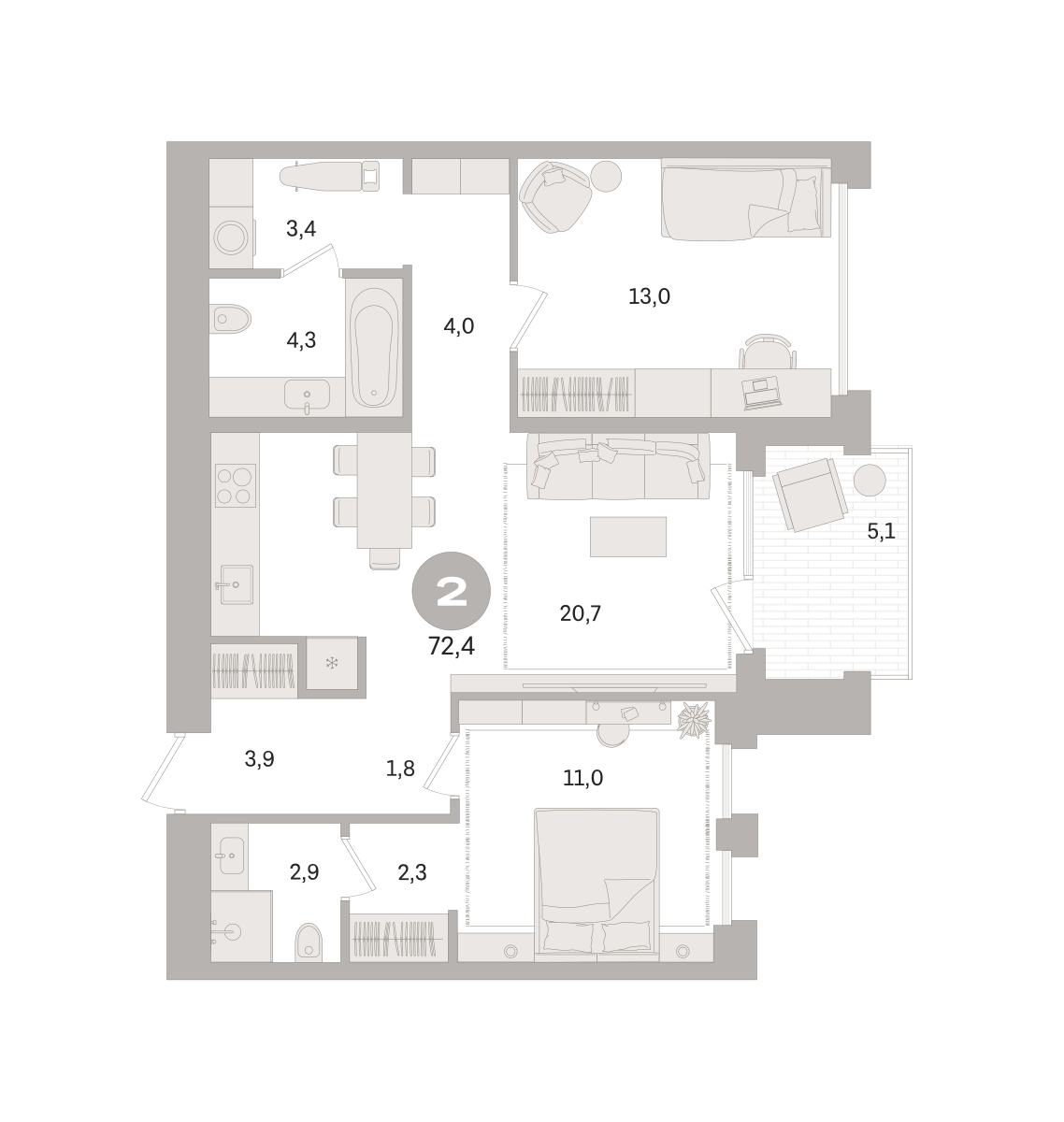 2 комн. Квартира 72.4 кв. м