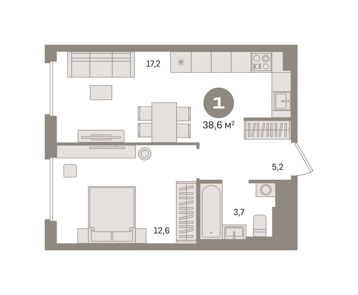 1 комн. Квартира 38.6 кв. м