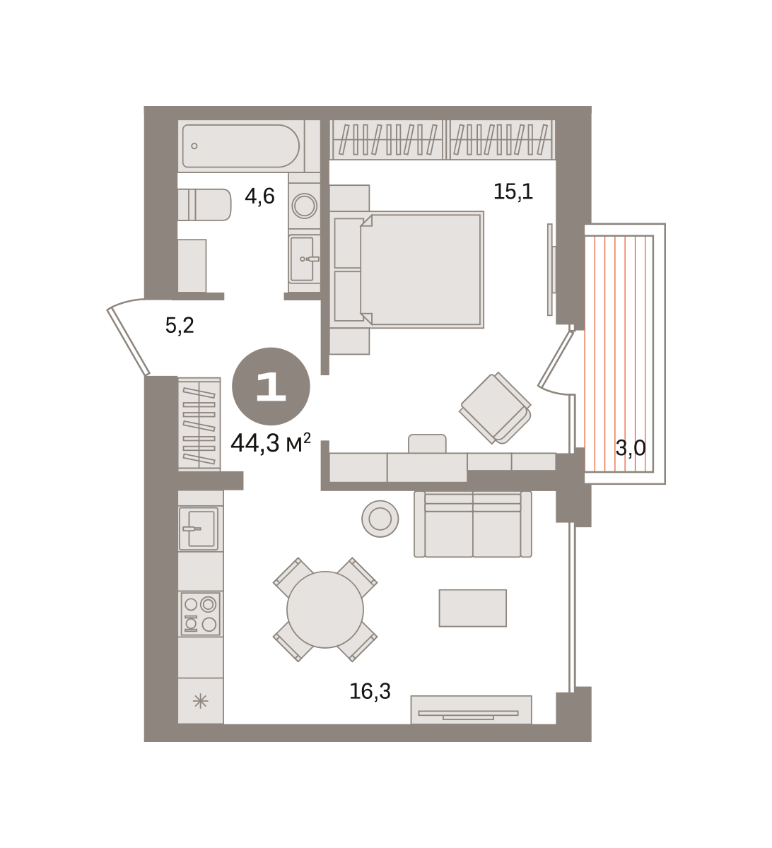 1 комн. Квартира 44.3 кв. м
