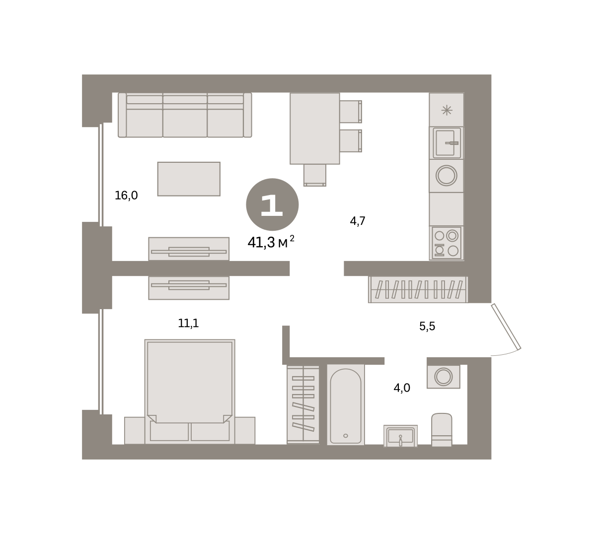 1 комн. Квартира 41.3 кв. м