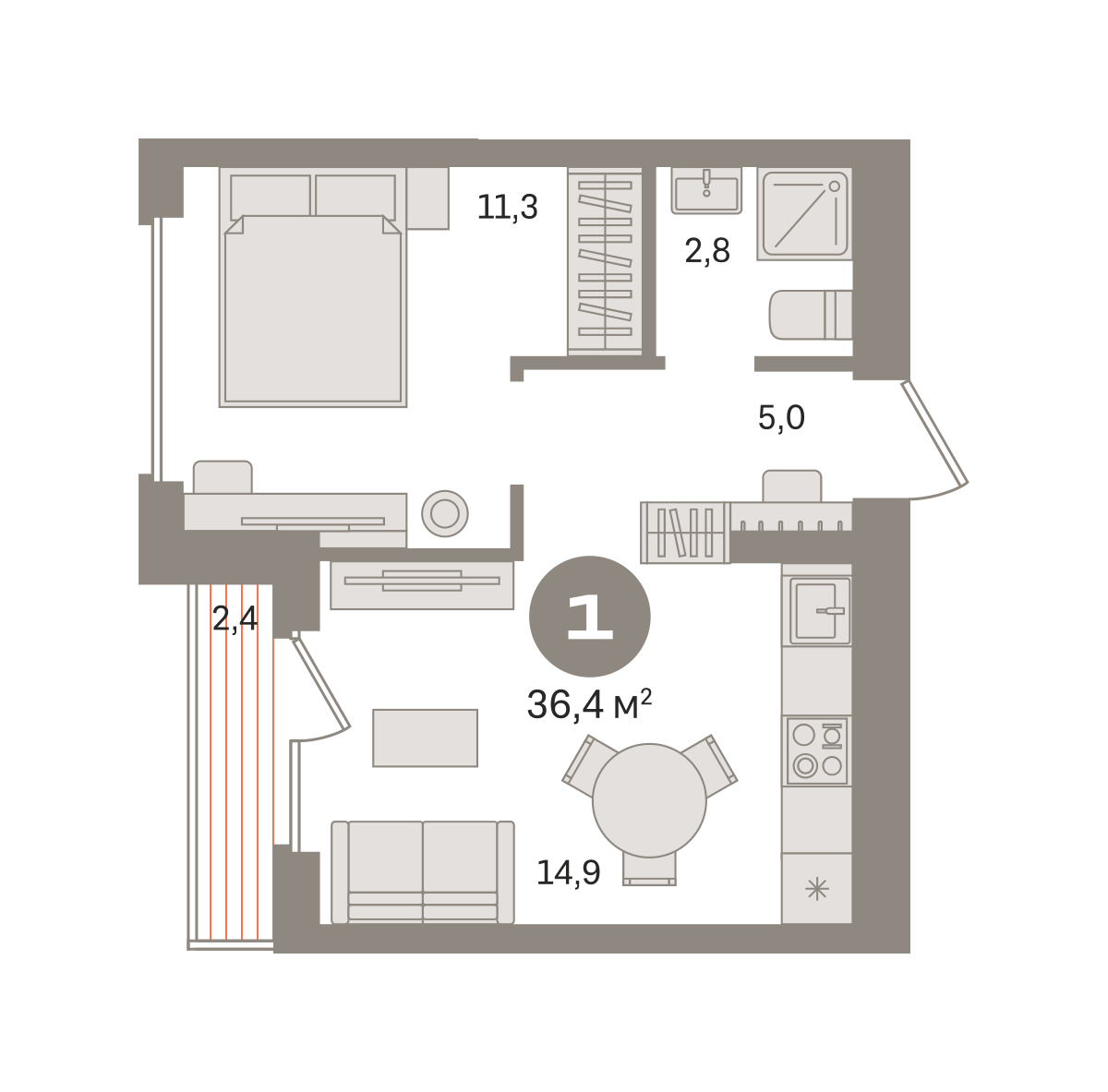 1 комн. Квартира 36.4 кв. м