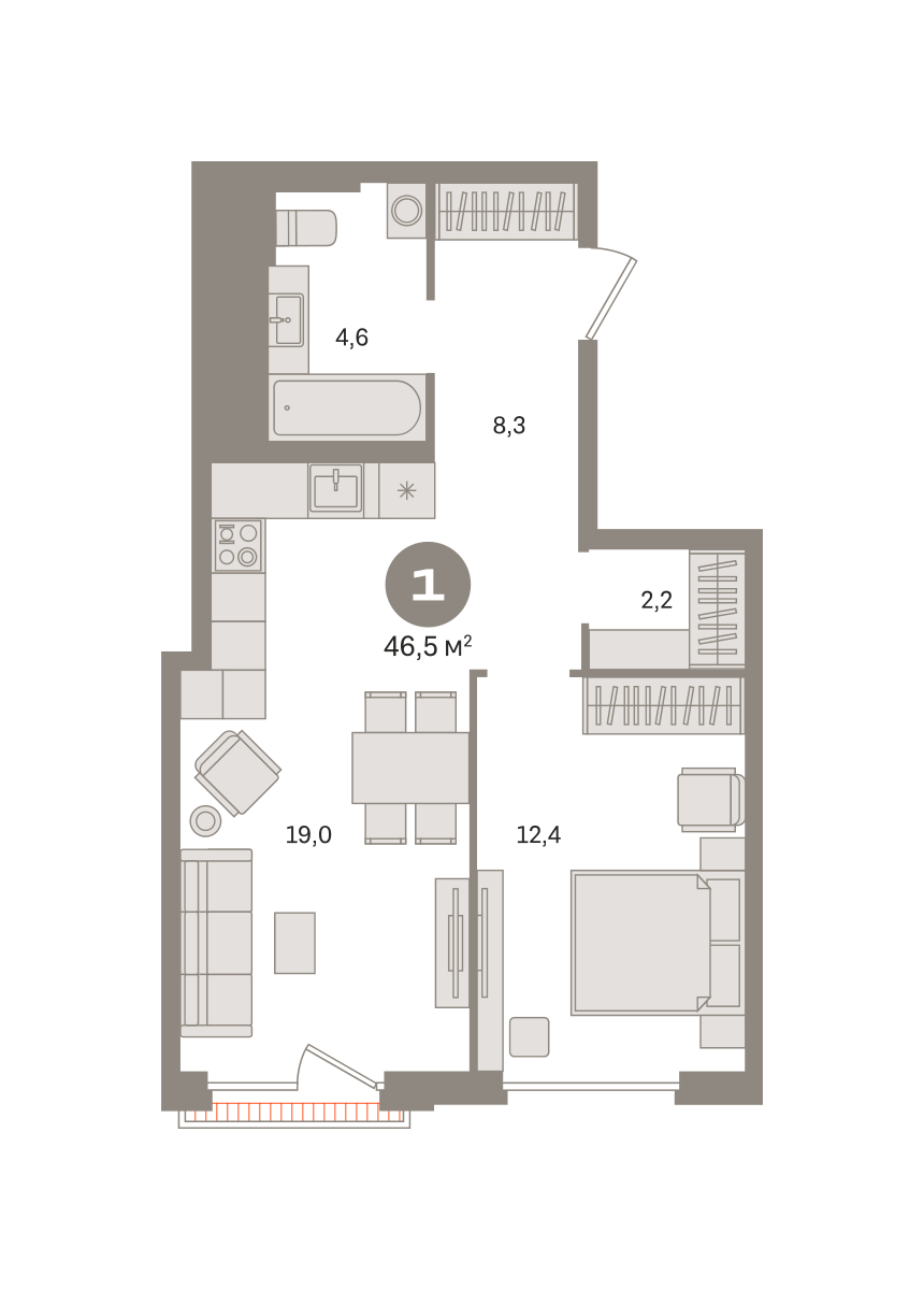 1 комн. Квартира 46.5 кв. м