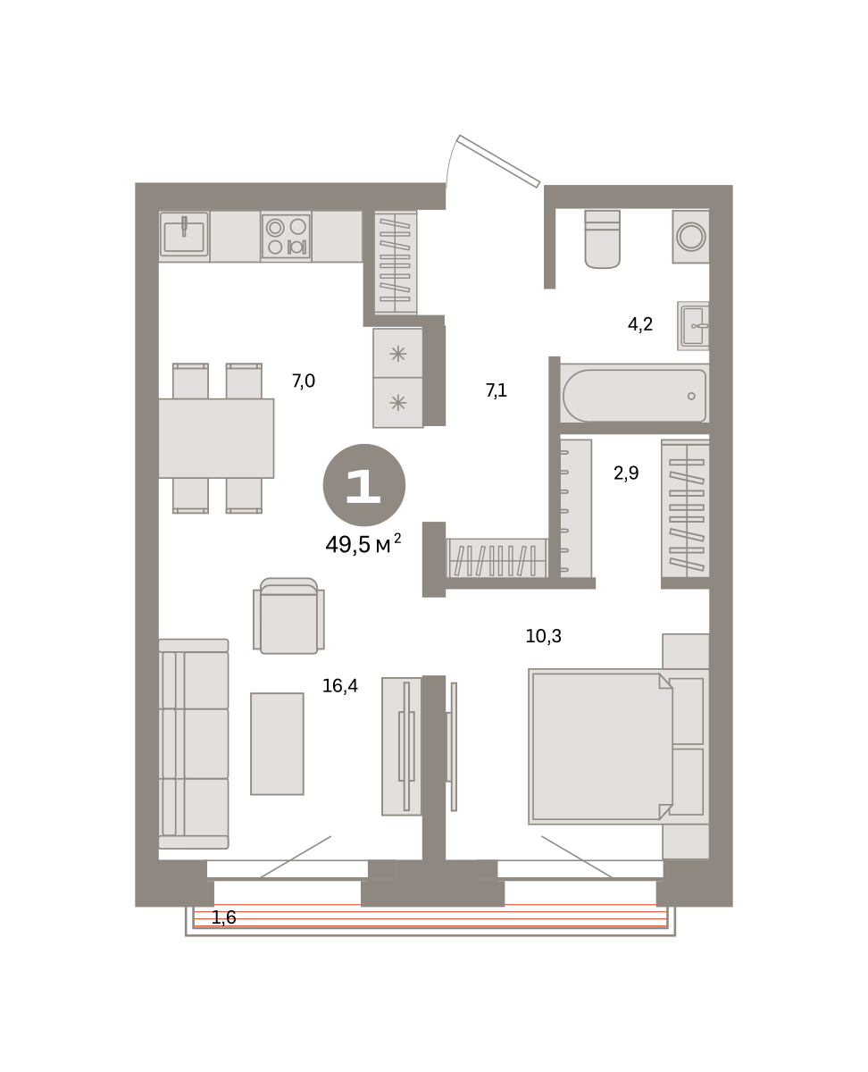 1 комн. Квартира 49.5 кв. м