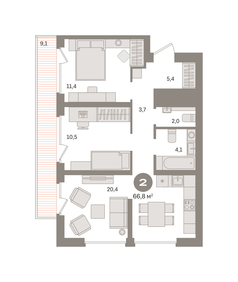 2 комн. Квартира 67.7 кв. м