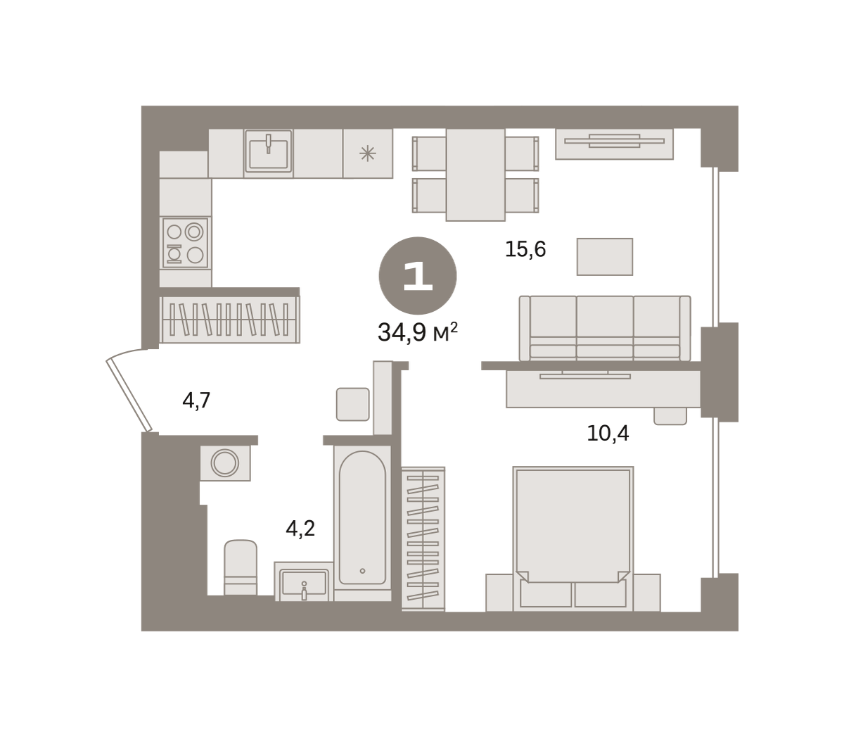 1 комн. Квартира 34.9 кв. м