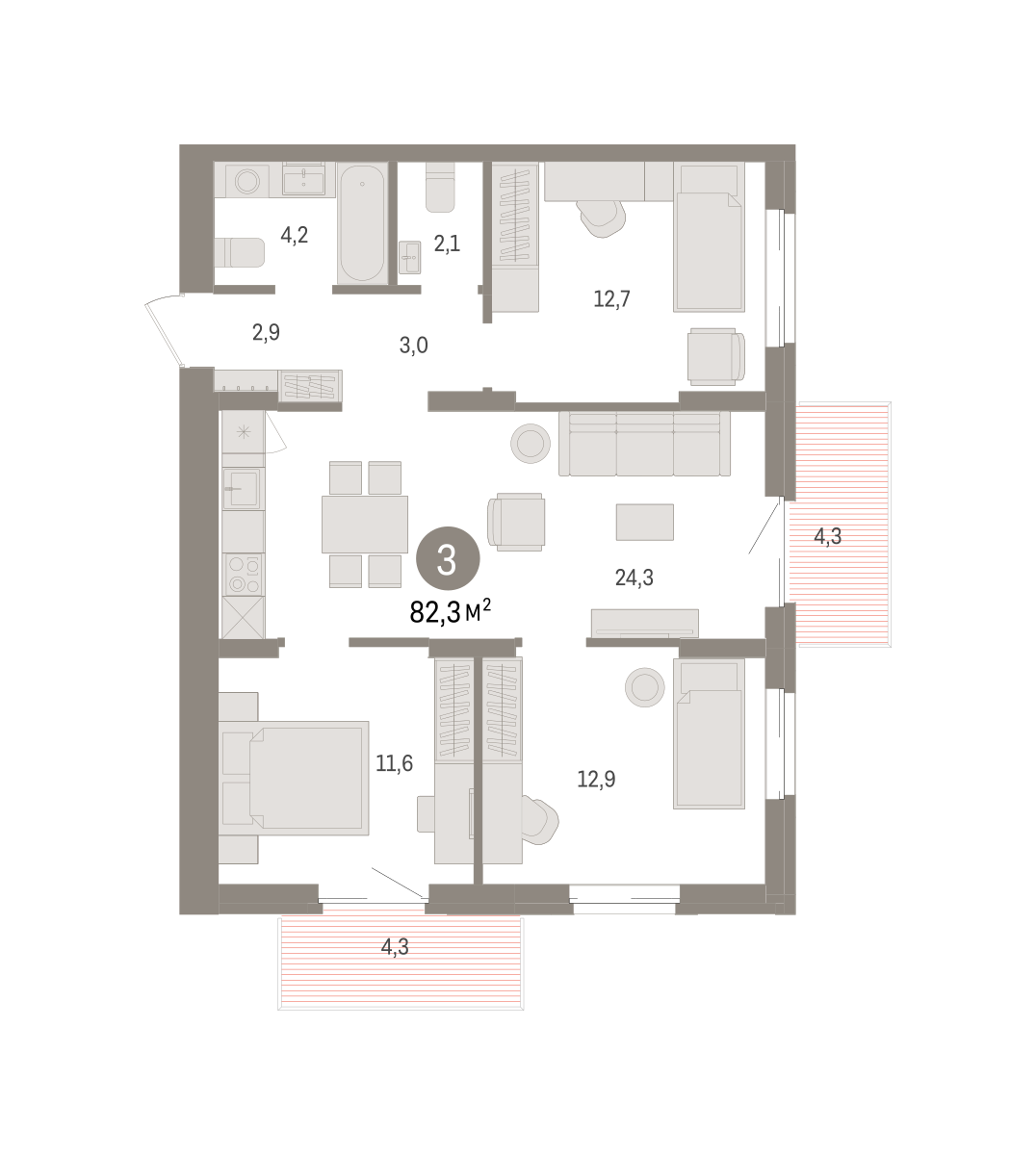 3-комнатная квартира, 82.3 кв.м, кварталы «Драверта»