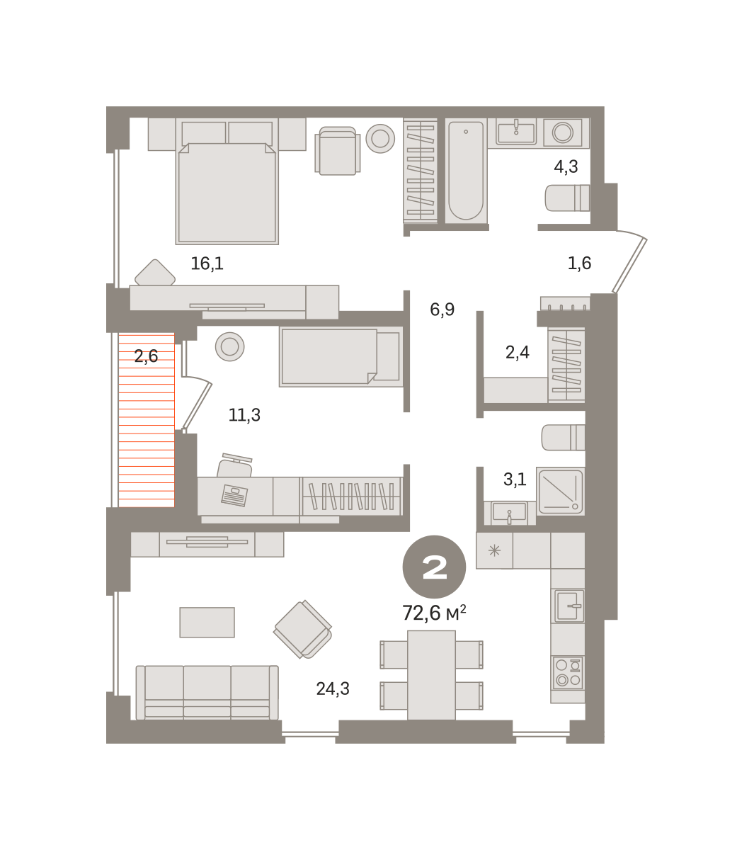 2 комн. Квартира 72.6 кв. м
