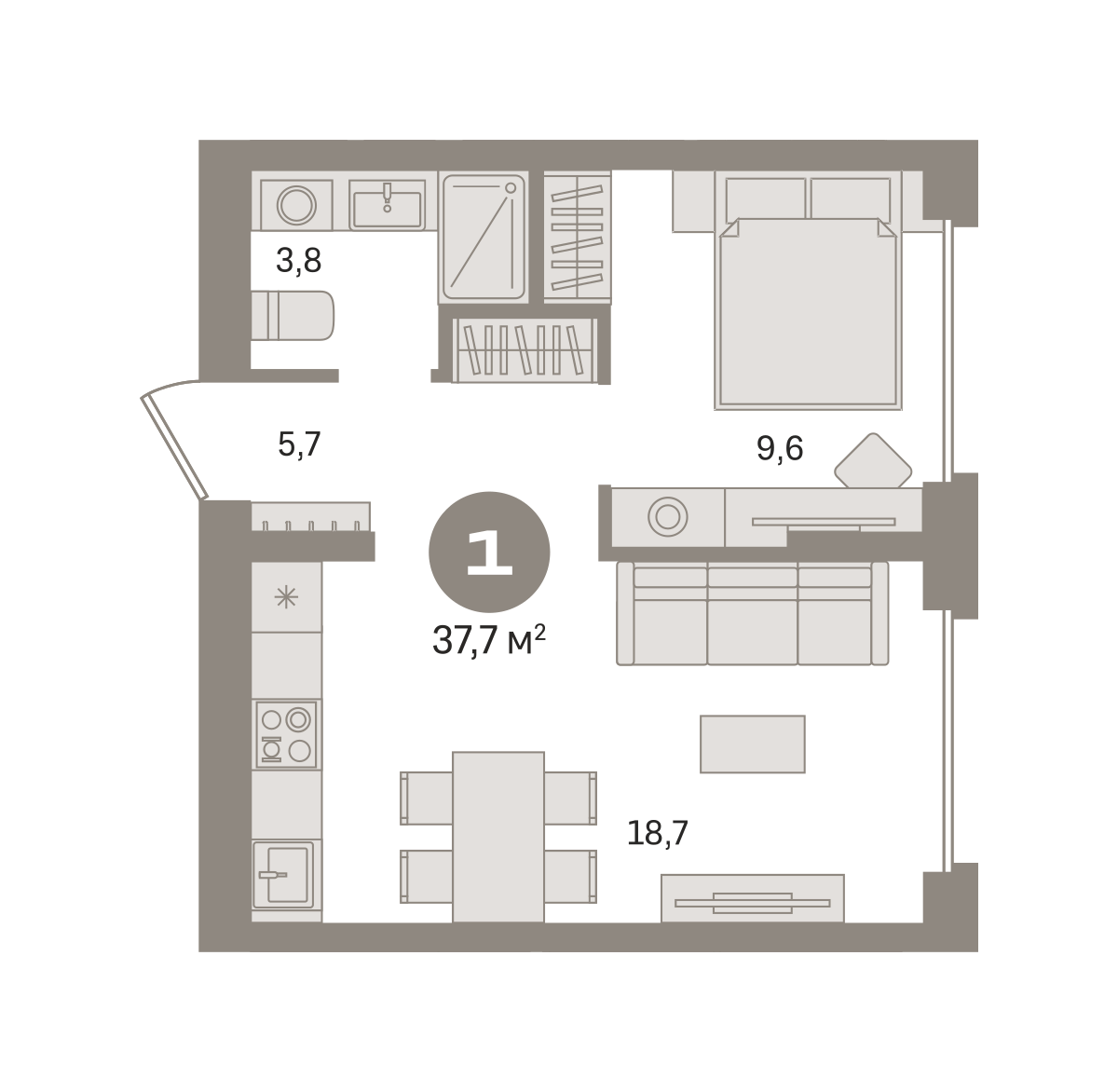 1 комн. Квартира 37.7 кв. м