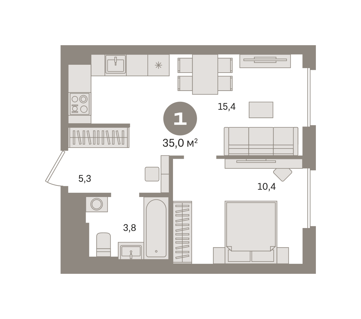 1 комн. Квартира 35 кв. м