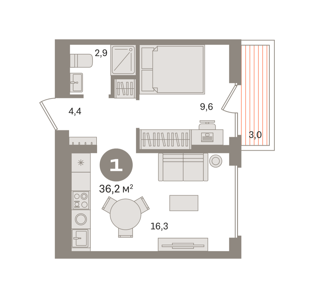 1 комн. Квартира 36.2 кв. м