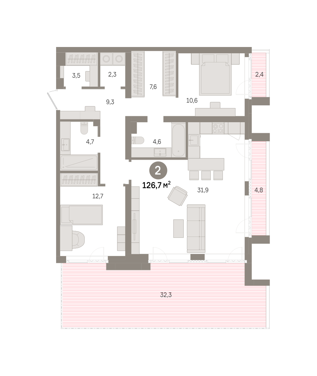 2 комн. Квартира 126.7 кв. м