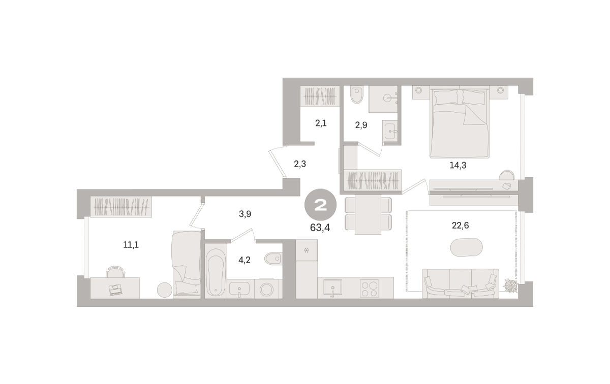 2 комн. Квартира 63.4 кв. м