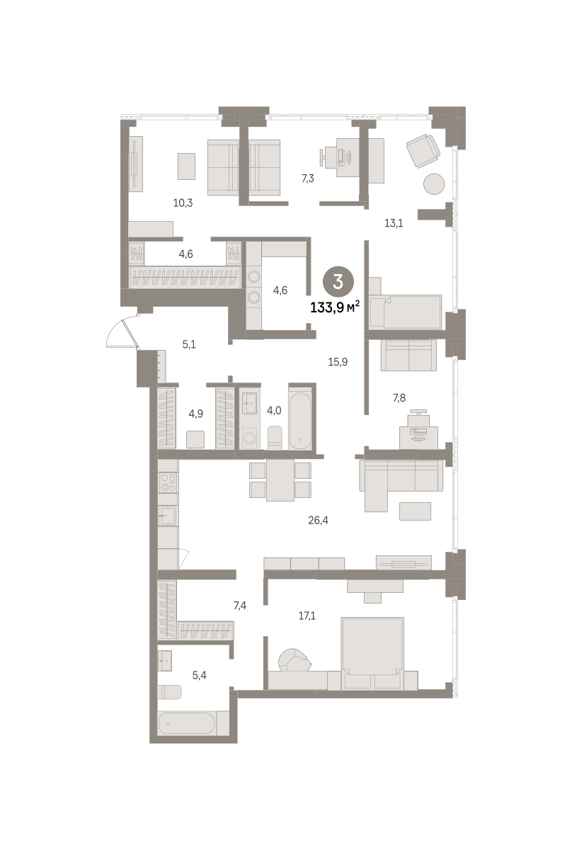 3 комн. Квартира 133.9 кв. м