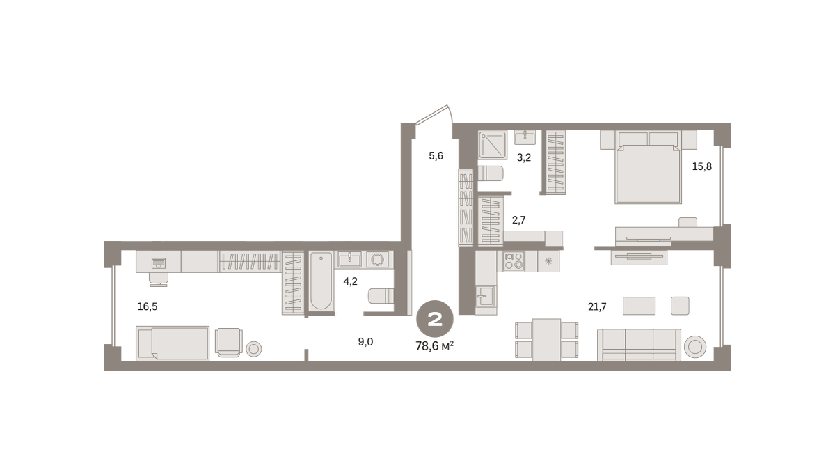 2 комн. Квартира 78.6 кв. м