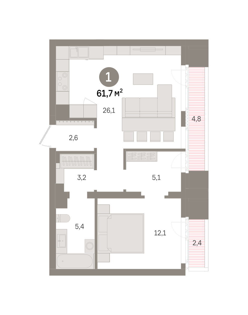 1 комн. Квартира 61.7 кв. м