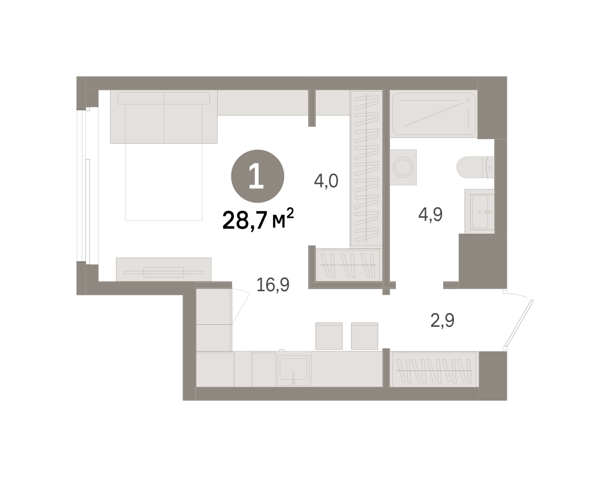 1 комн. Квартира 28.7 кв. м