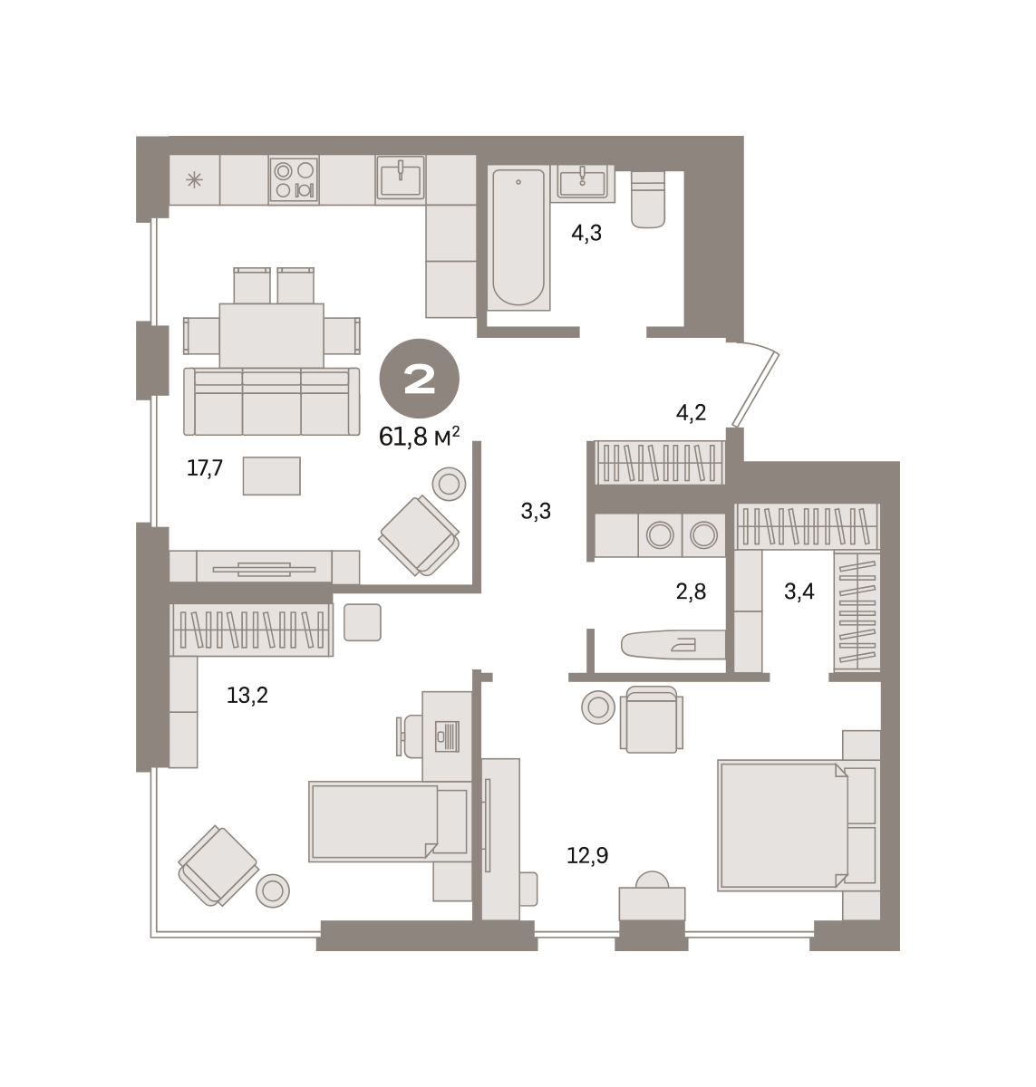 2 комн. Квартира 61.8 кв. м
