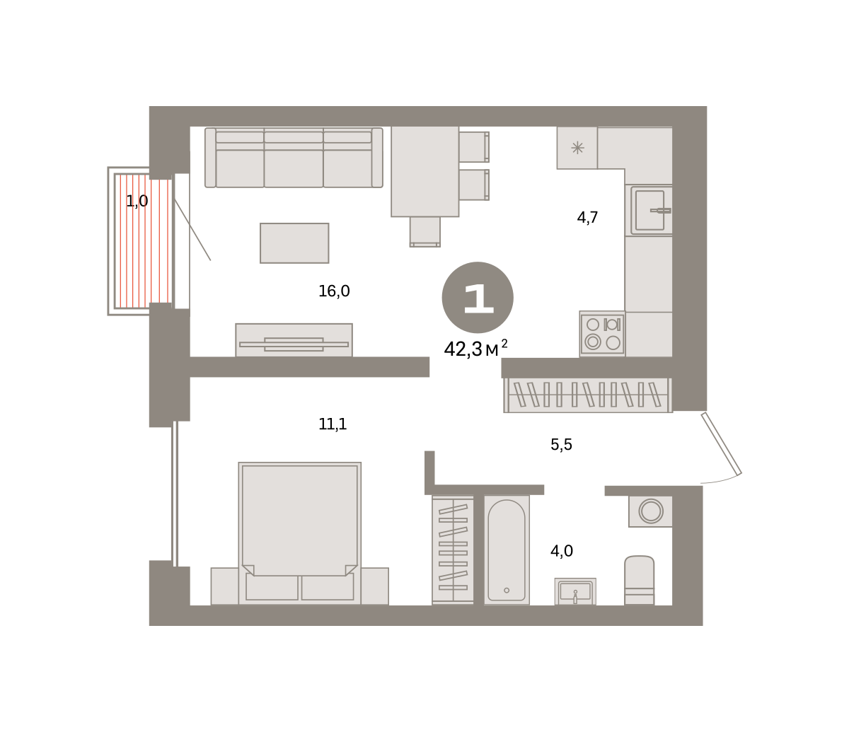 1 комн. Квартира 42.3 кв. м