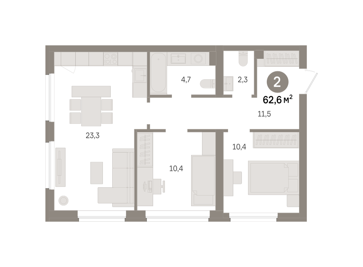 2 комн. Квартира 62.6 кв. м