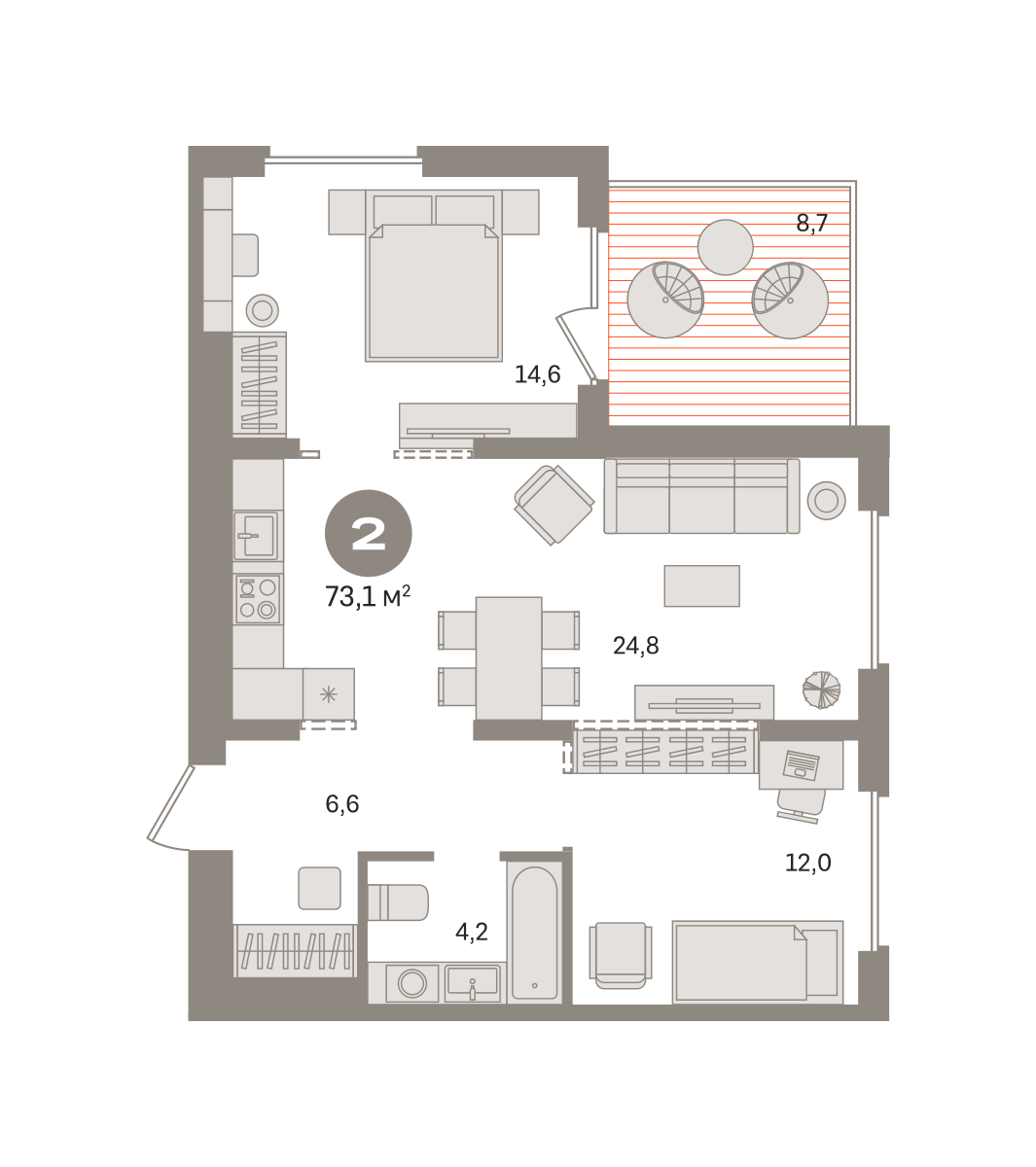 2 комн. Квартира 73.1 кв. м