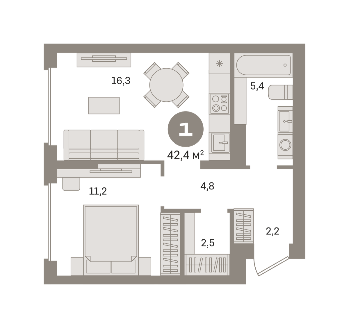 1 комн. Квартира 42.4 кв. м