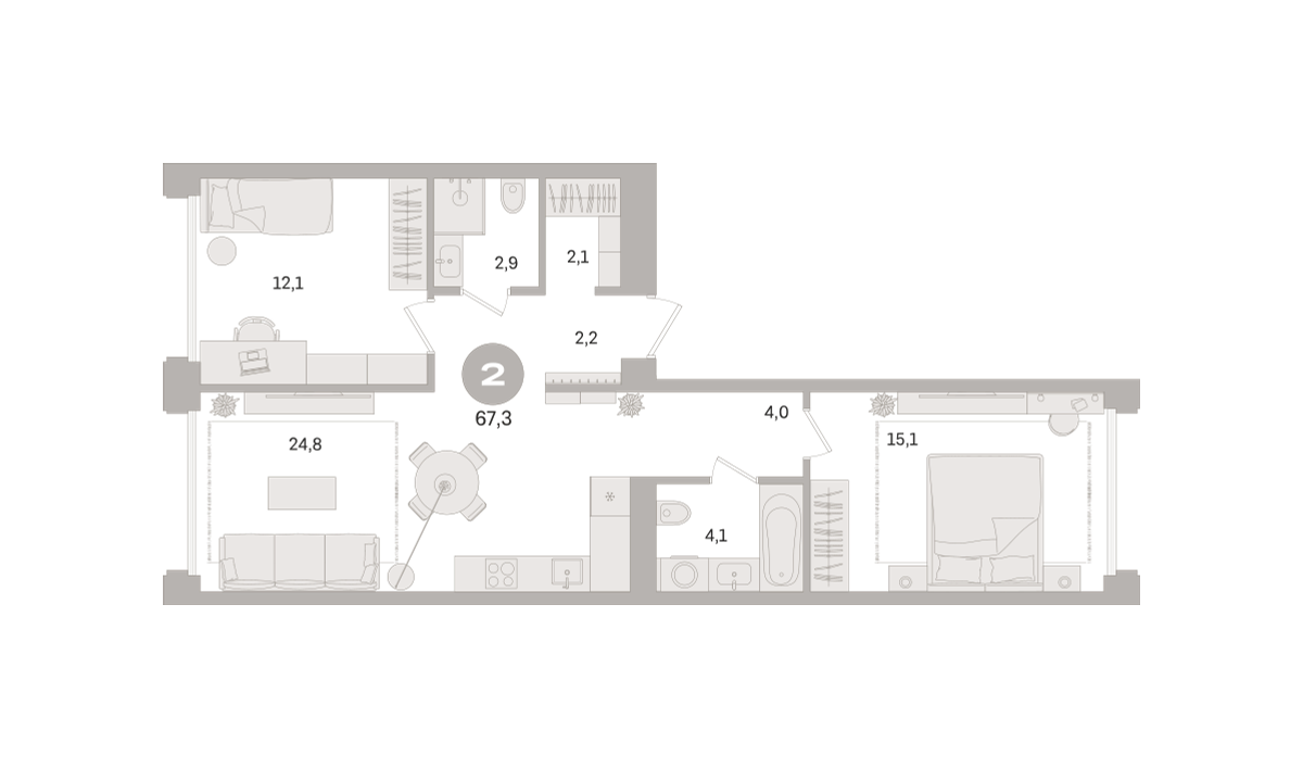 2 комн. Квартира 67.3 кв. м