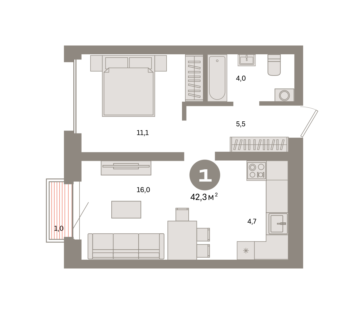 1 комн. Квартира 42.3 кв. м