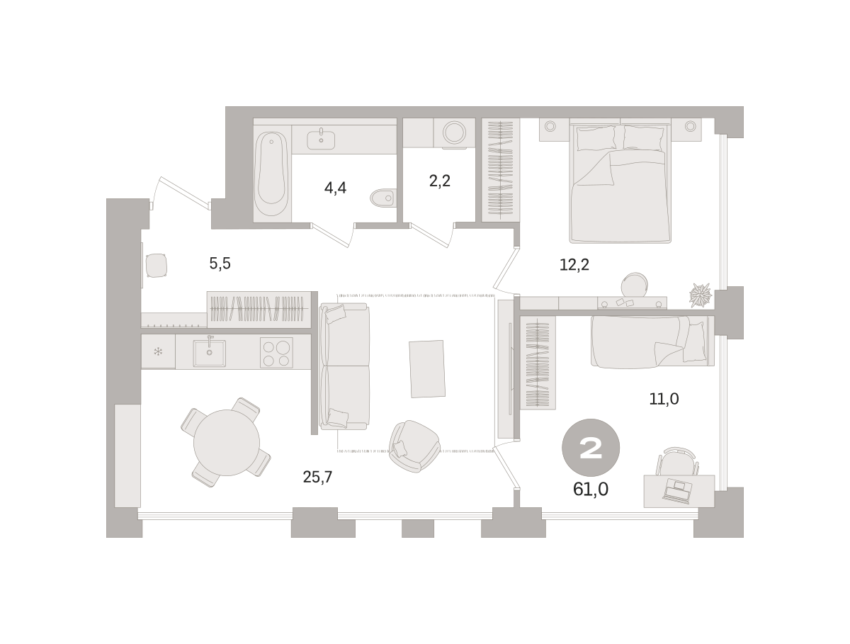2 комн. Квартира 61 кв. м