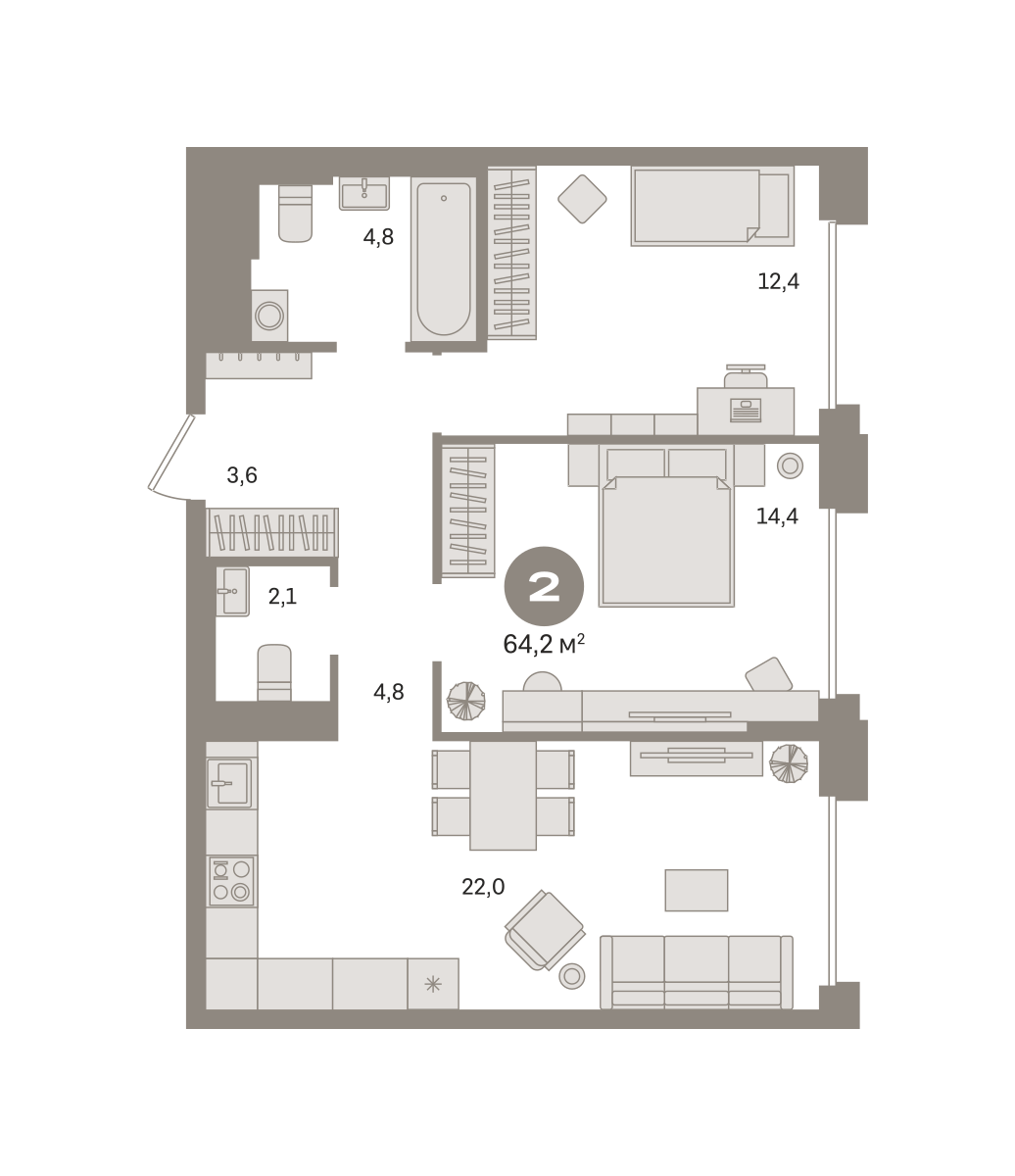 2 комн. Квартира 64.2 кв. м
