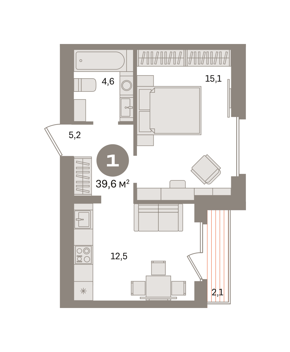1 комн. Квартира 39.6 кв. м